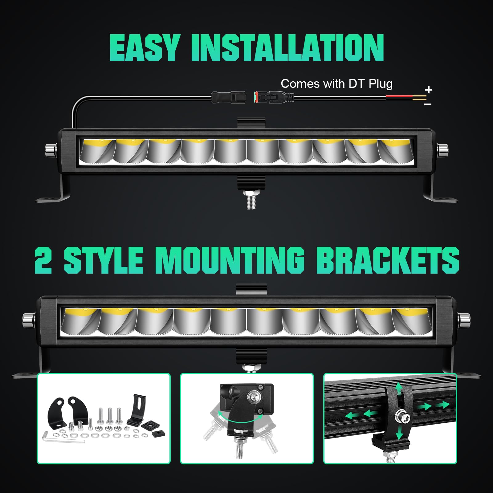 Willpower 2 Pack 12 inch 30W LED Light Bar with DT Connector, 3000 Lumens Spot Flood Beam Driving Lights,Waterproof Single Row Led Light Bars for Vehicle Trucks SUV Boat ATV UTV Off Road,DC 12V 24V - Image 3