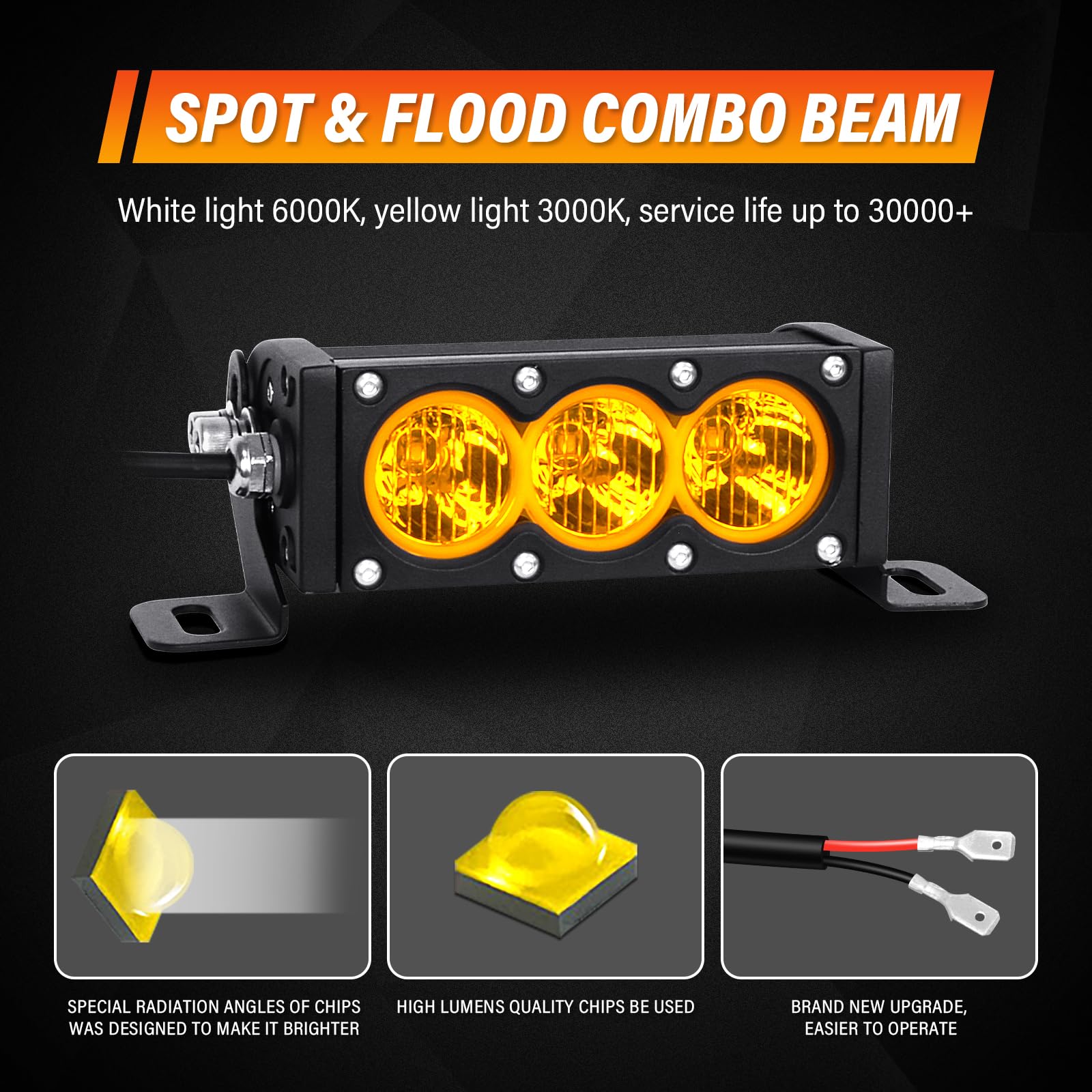 Willpower 2-Piece 6 Inch Single Row Amber LED Light Bar 30W Off-Road Light Bar Flood Beam LED Work Light Truck UTV 4x4 Cars SUVs ATVs Boats Fog Driving Light with Wiring Harness Kit - Image 3