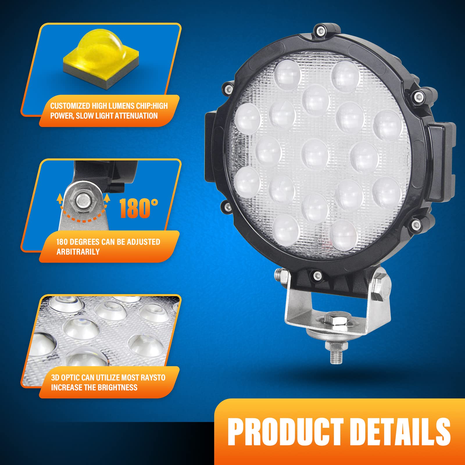 Willpower 2 Pieces 7 inch 51W Black Spot Beam Round LED Work Light Bar DC 9-30V for Truck Car ATV SUV 4X4 Jeep Truck Driving Lamp - Image 5