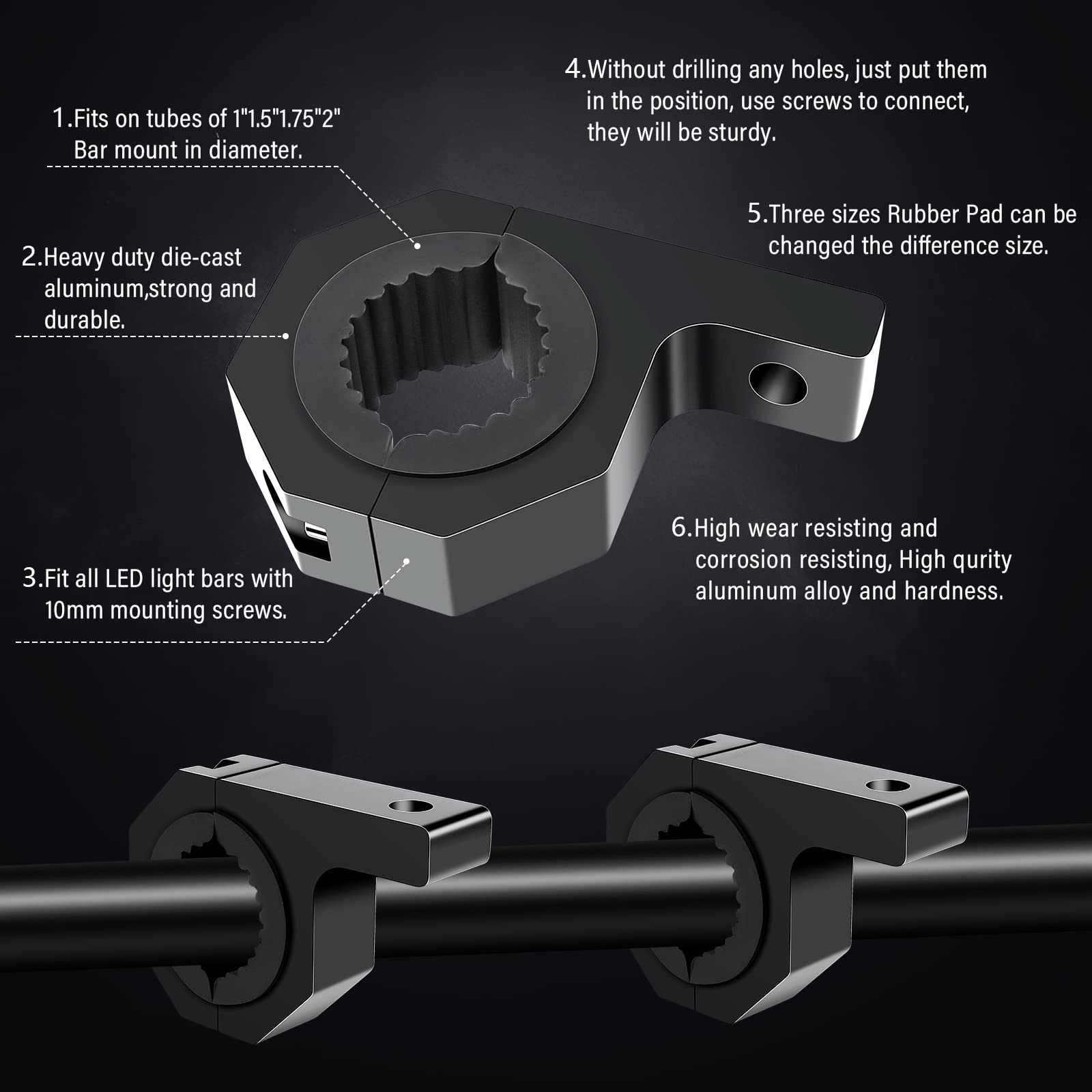 Willpower 2PCS 1/1.4 /2 inch Mounting Bracket Tube Clamp Roof Roll Cage Holder for LED HID Light bar - Image 4