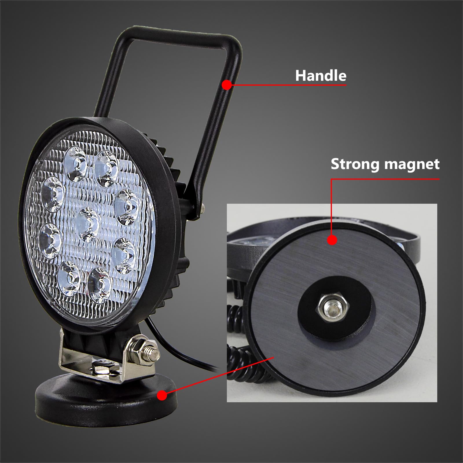 Willpower 4 inch 27W Round Portable LED Work Light Offroad Spot Light Cigarette Lighter Switch with Magnetic Base Holder for Car SUV Trailer Tractor Truck Engineering Maintenance Camping - Image 5