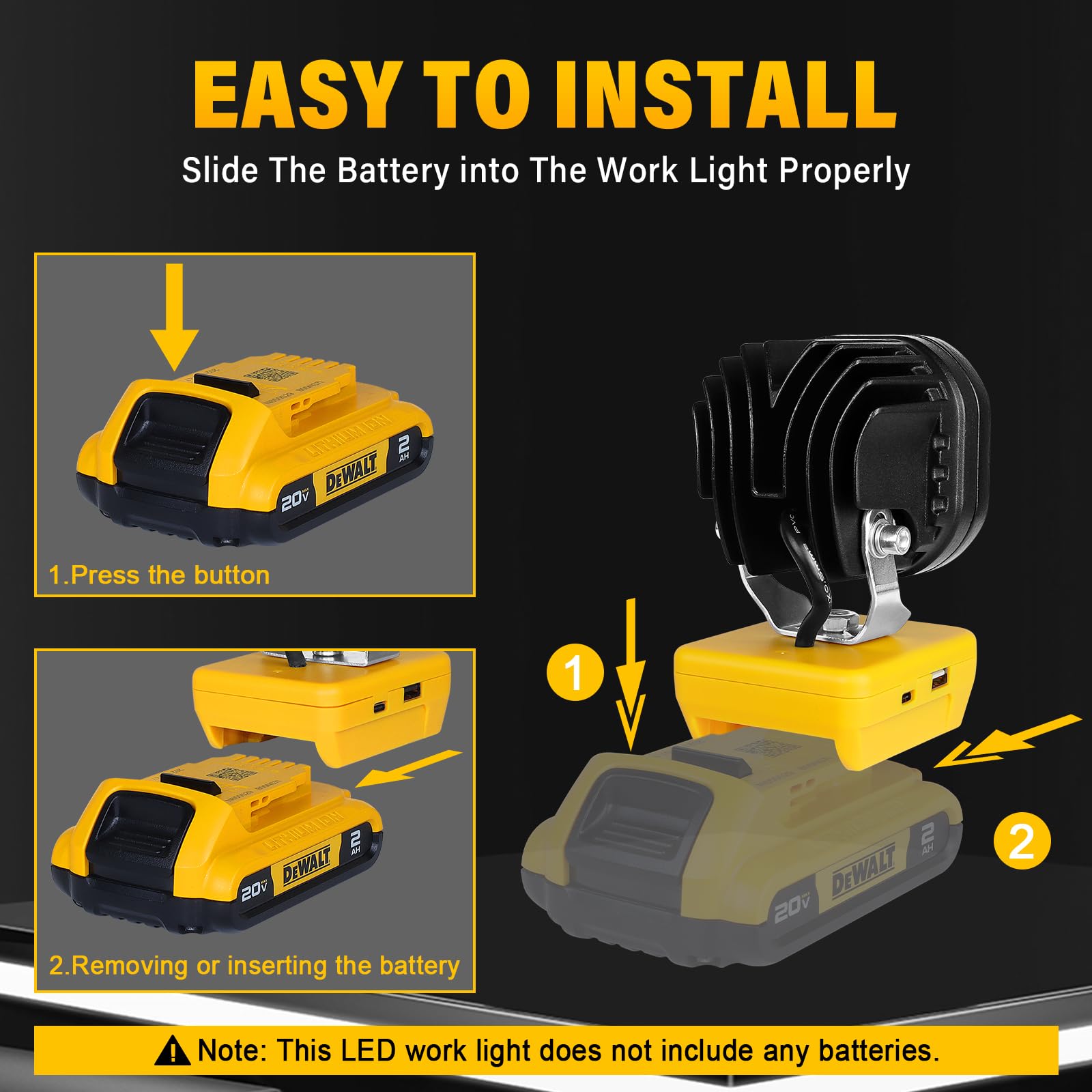 Willpower 40W LED Work Light for Dewalt 20v Battery,20V Max 4000LM Spot Lights Battery Light with Low Voltage Protection USB and Type C Output Port LED Light for Outdoors and Job Site Lighting - Image 3
